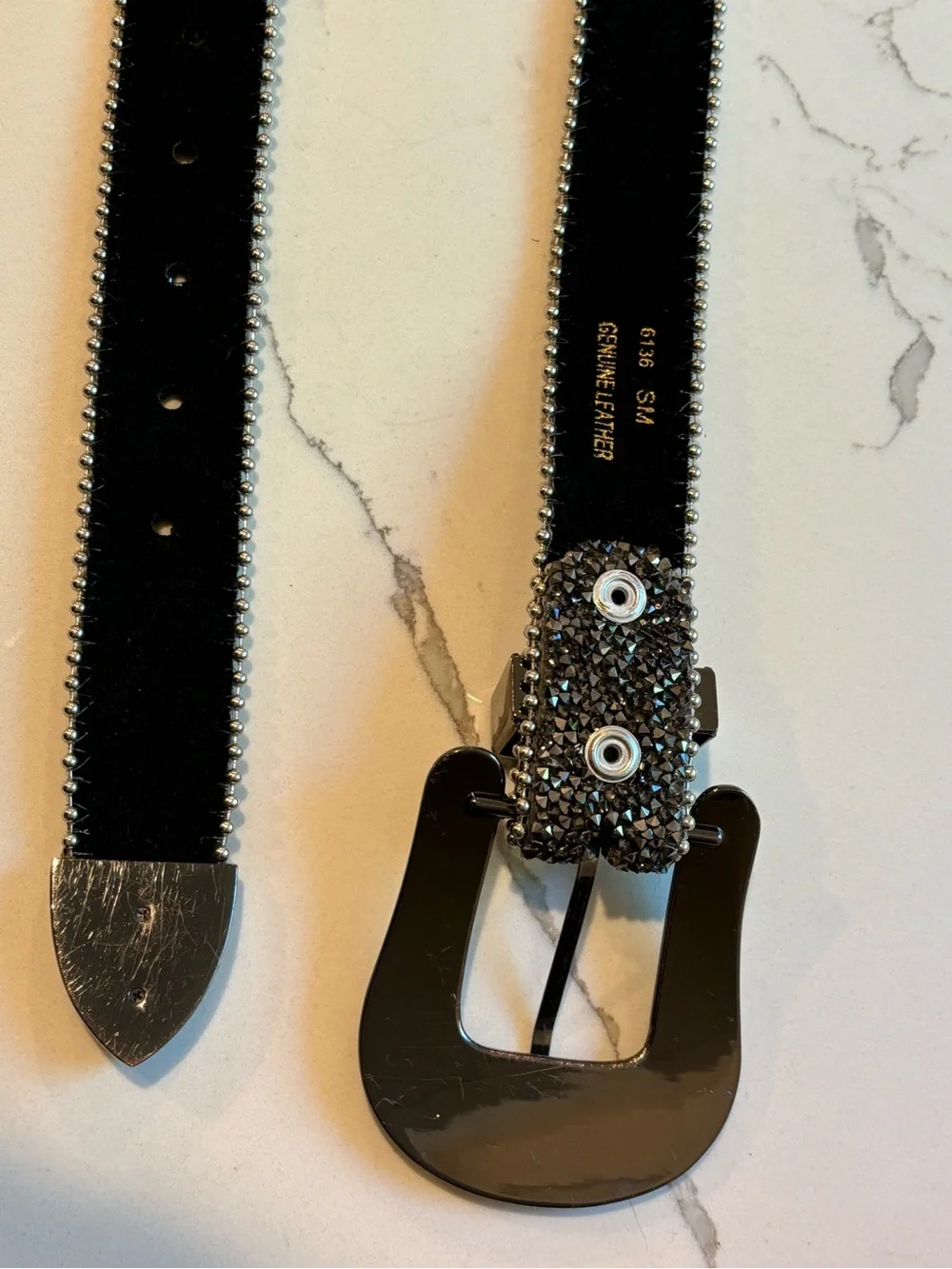 Y2K Genuine Leather Suede and Silver Mixed Metal Bling Belt Womens Small Heavy
